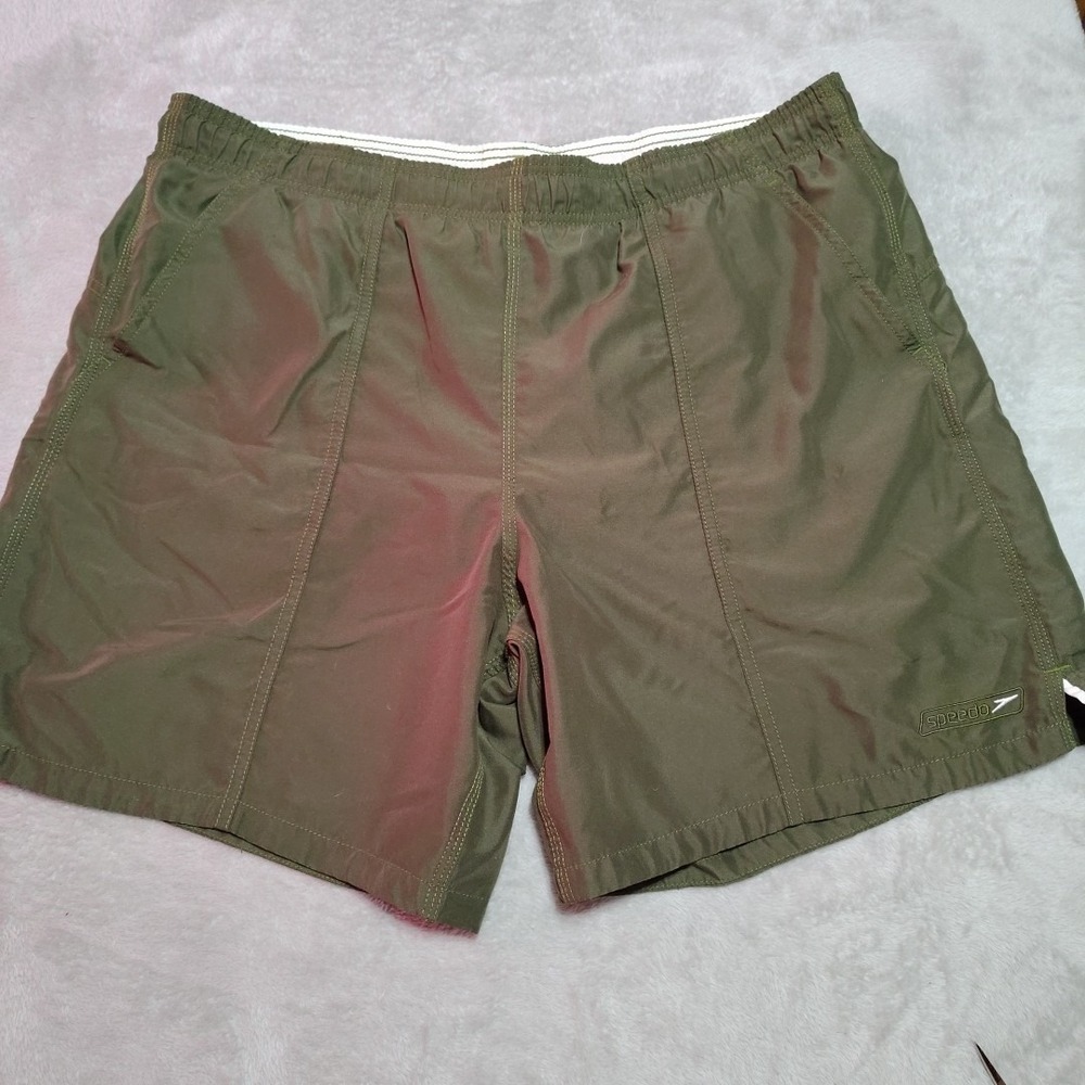 Speedo Swim Trunks Men 38/7 Green Lined Beach Surf Activity Pockets Volleyball
